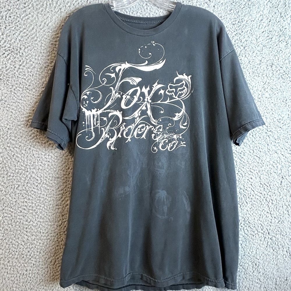 vintage fox riders co faded black big logo shirt size large